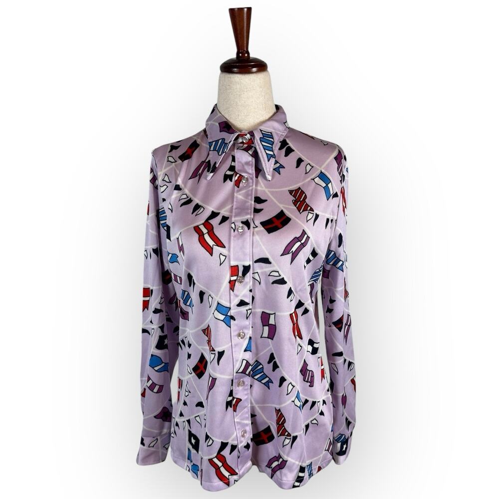 Vintage 70s Purple Abstract Flag Button Up Blouse Womens Small Retro Eclectic